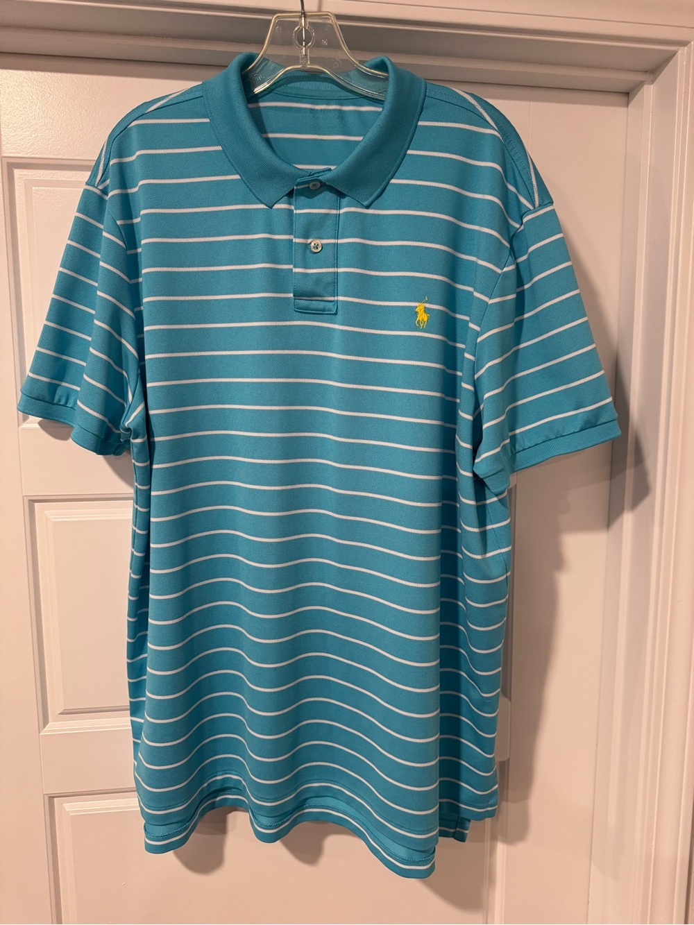 Ralph Lauren Turquoise and White Striped Polo with Yellow Logo